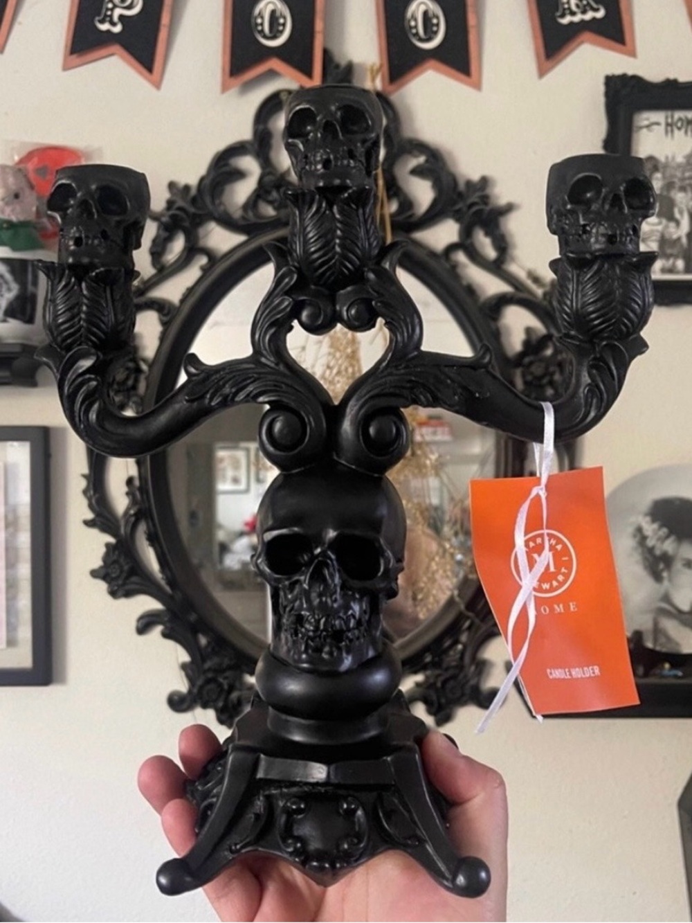 Black Skull Candelabra Candle Holder - Gothic Home Accent